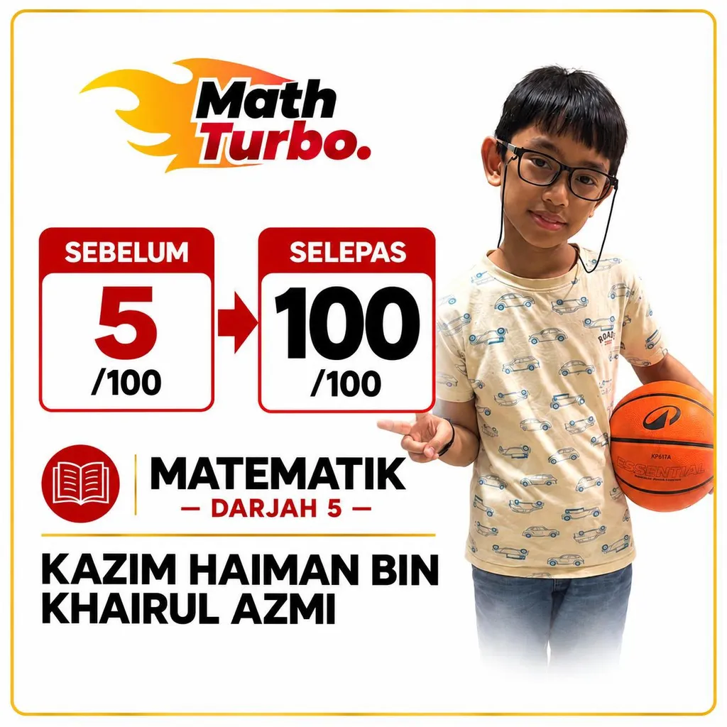 Bukti pencapaian pelajar Math Turbo: markah Matematik Darjah 5 naik dari 5/100 ke 100/100